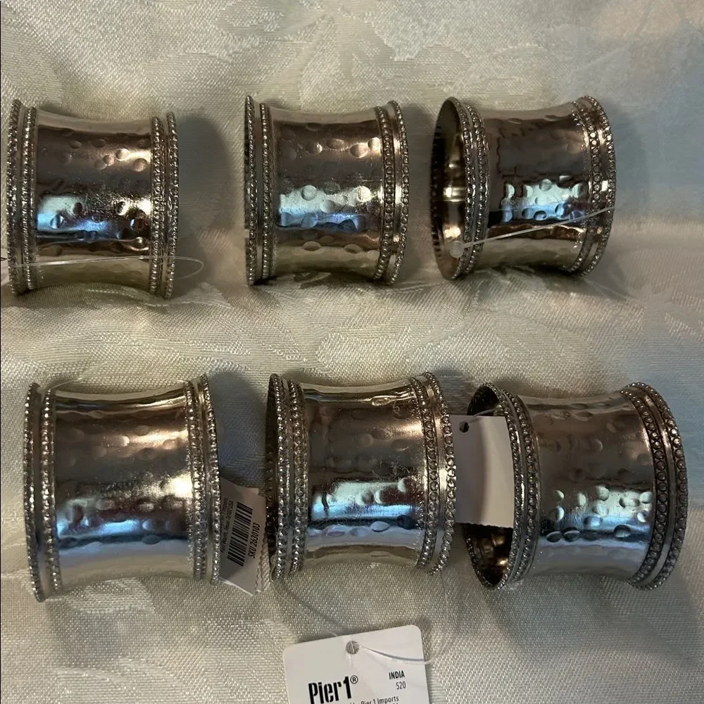 Pier 1 Hammered Silver Napkin Rings six piece Set NWT